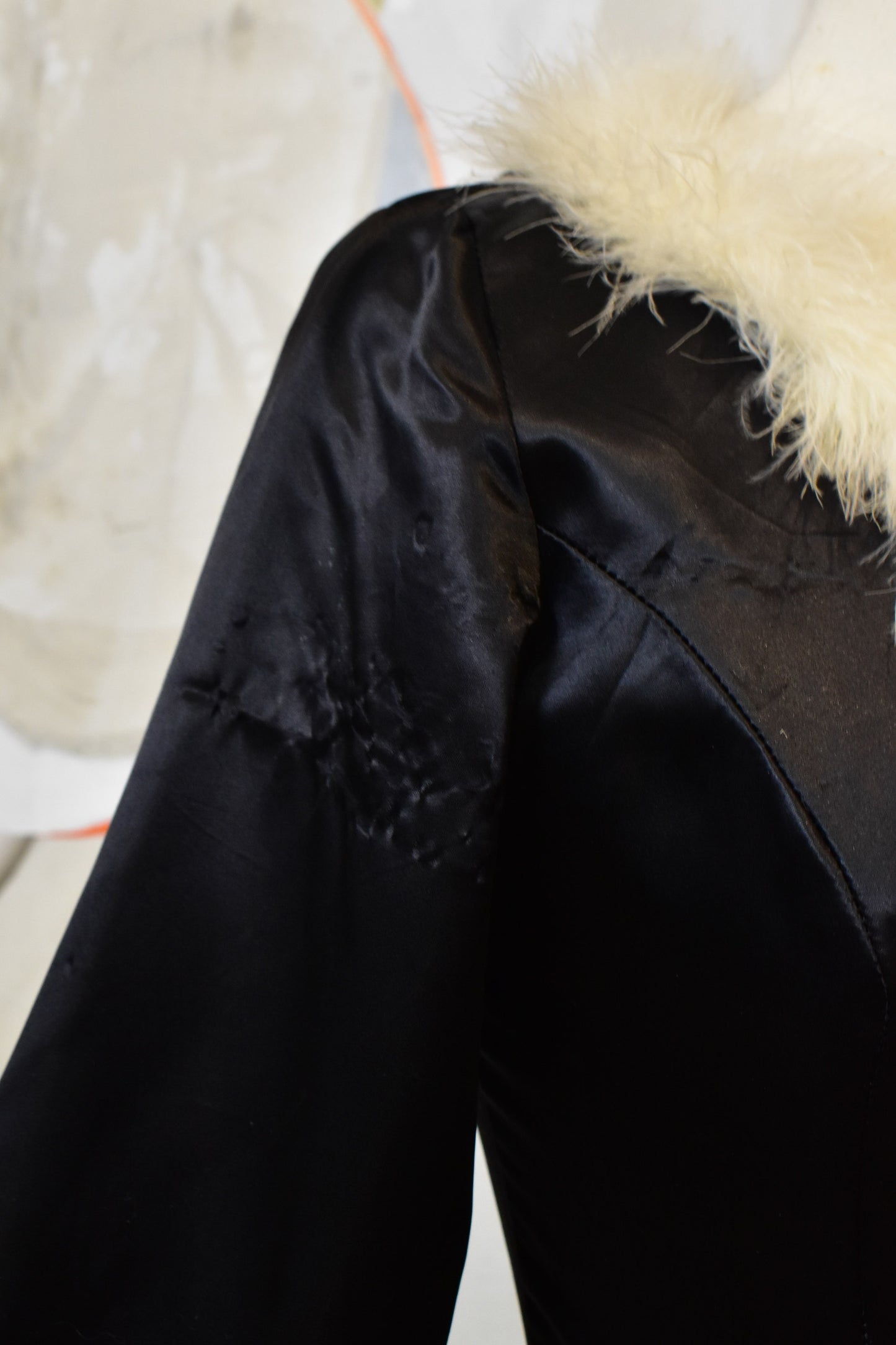 Vintage 1950s 1960s Burlesque "Fredricks of Hollywood" Black Satin Marabou Dressing Gown