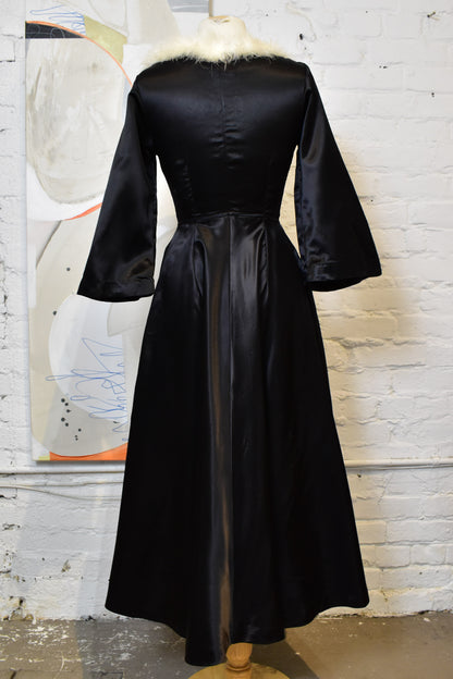 Vintage 1950s 1960s Burlesque "Fredricks of Hollywood" Black Satin Marabou Dressing Gown