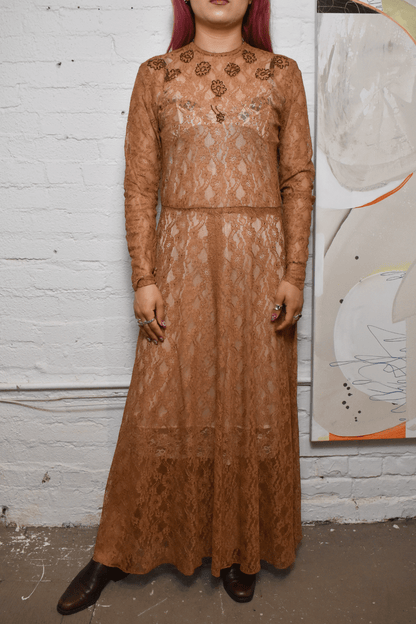 Vintage 1940s Lace Copper Sequin Flowers Gown