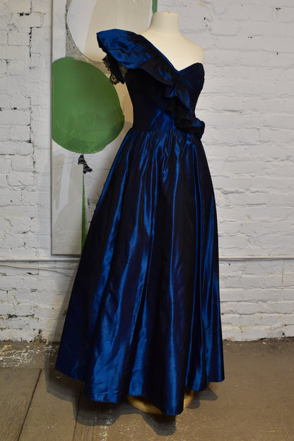 Vintage 1980s "Gunne Sax" Acetate And Sheen Blue Gown