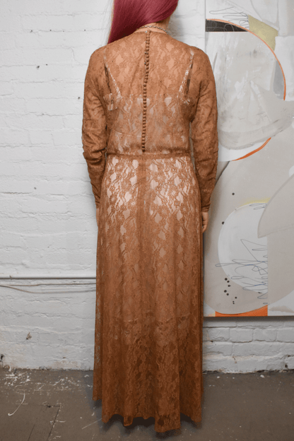 Vintage 1940s Lace Copper Sequin Flowers Gown