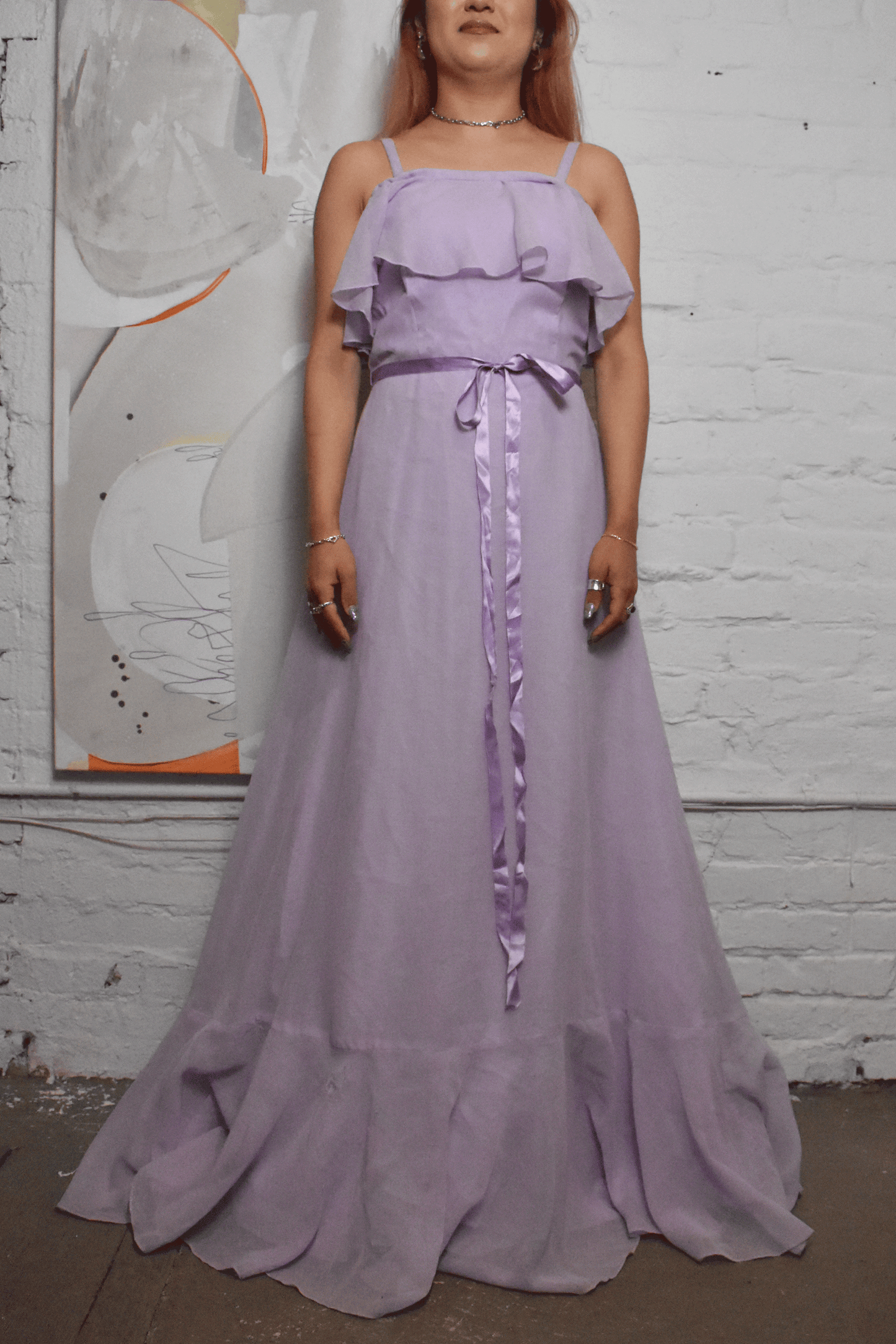Vintage 1970s "JC Penney Fashion" Lavender Tiered Ruffle Gown