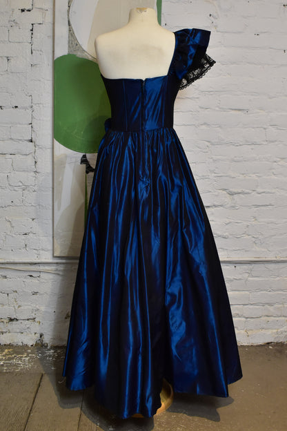 Vintage 1980s "Gunne Sax" Acetate And Sheen Blue Gown