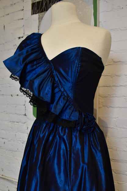 Vintage 1980s "Gunne Sax" Acetate And Sheen Blue Gown