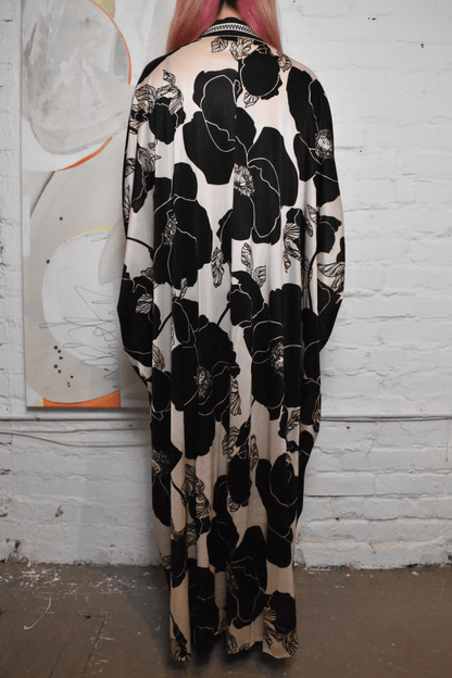 Vintage 1970s Black & White Caftan Mumu Floral Printed Maxi Dress