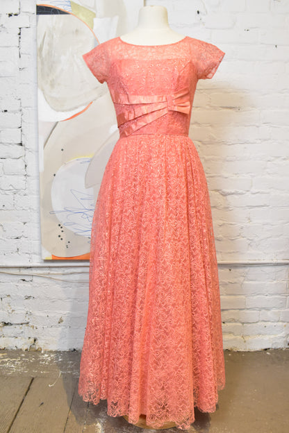 Vintage 1950s Formal Pink Lace Party Gown