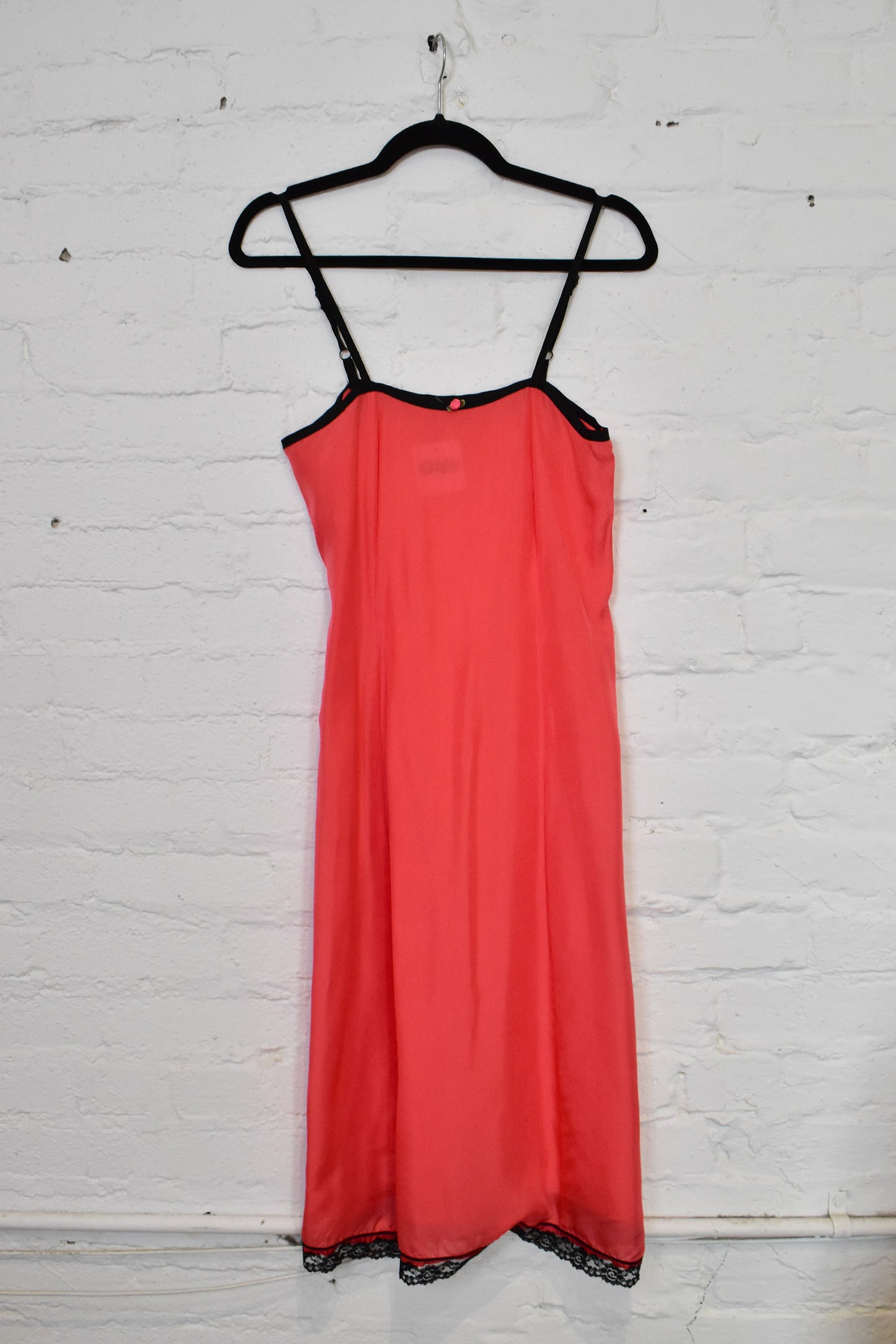 Vintage Bright Pink and Black Silk and Lace Slip