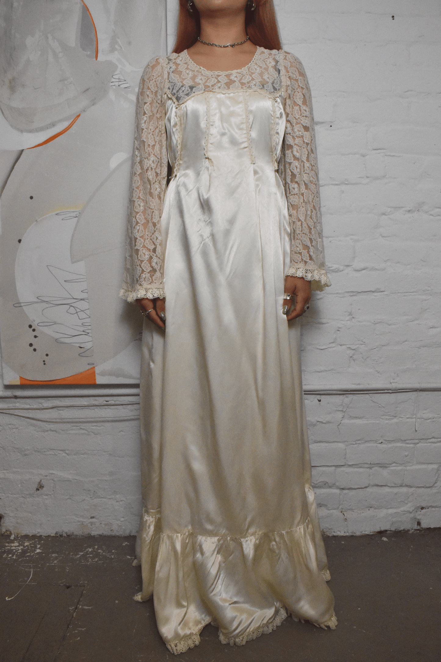 Vintage 1970s "Rivia" Ivory Lace Satin Gown