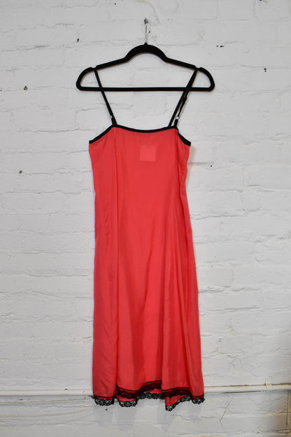 Vintage Bright Pink and Black Silk and Lace Slip