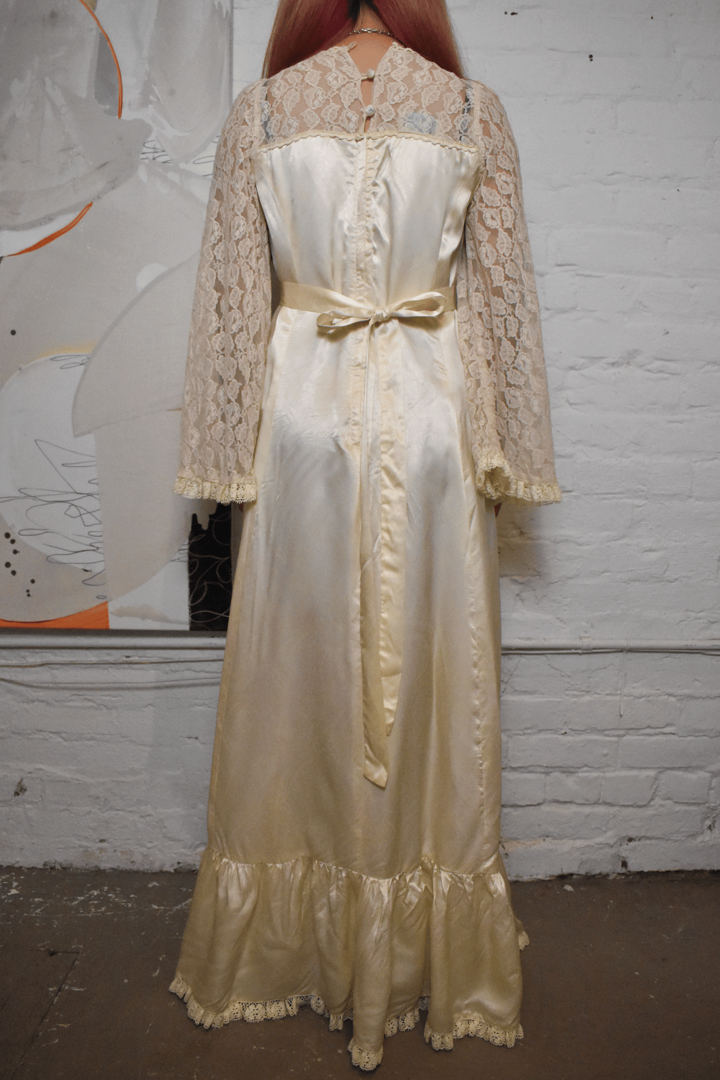 Vintage 1970s "Rivia" Ivory Lace Satin Gown