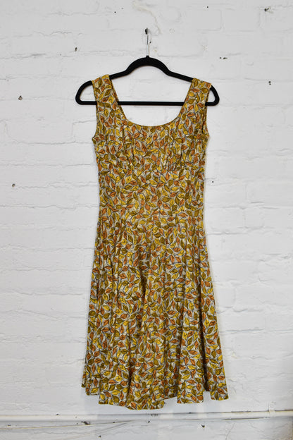 Vintage 1950s Rhinestoned Abstract Leaf Print Party Dress