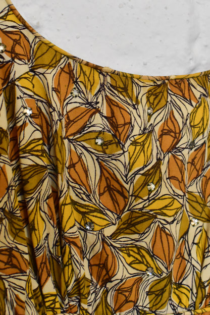 Vintage 1950s Rhinestoned Abstract Leaf Print Party Dress