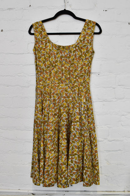 Vintage 1950s Rhinestoned Abstract Leaf Print Party Dress