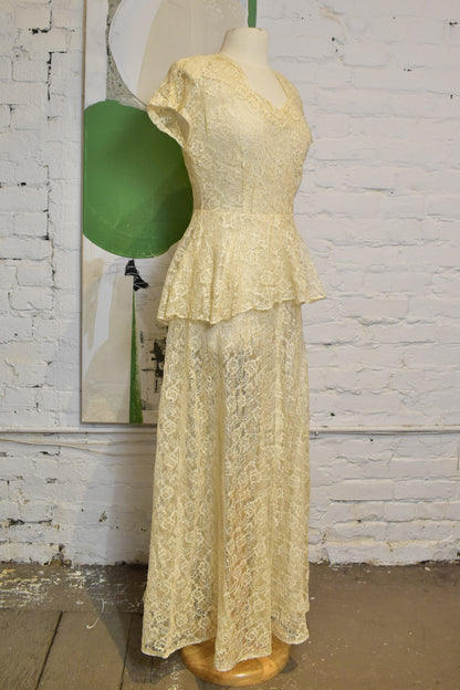 Vintage 1930s/40s Beige Lace See-Trough Gown with Peplum