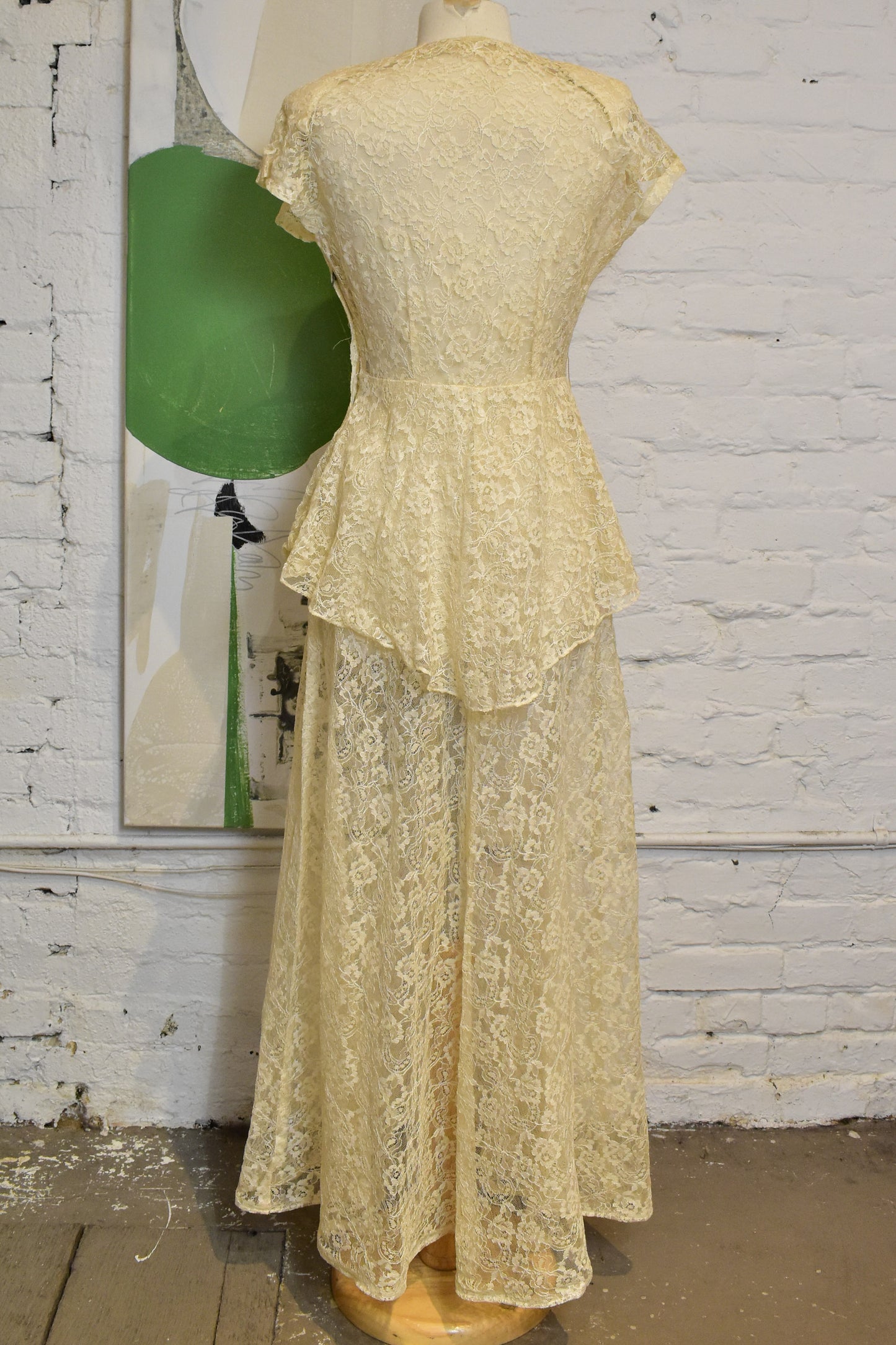 Vintage 1930s/40s Beige Lace See-Trough Gown with Peplum