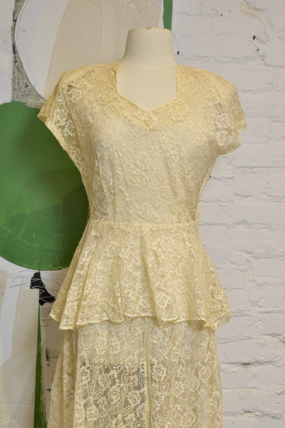 Vintage 1930s/40s Beige Lace See-Trough Gown with Peplum