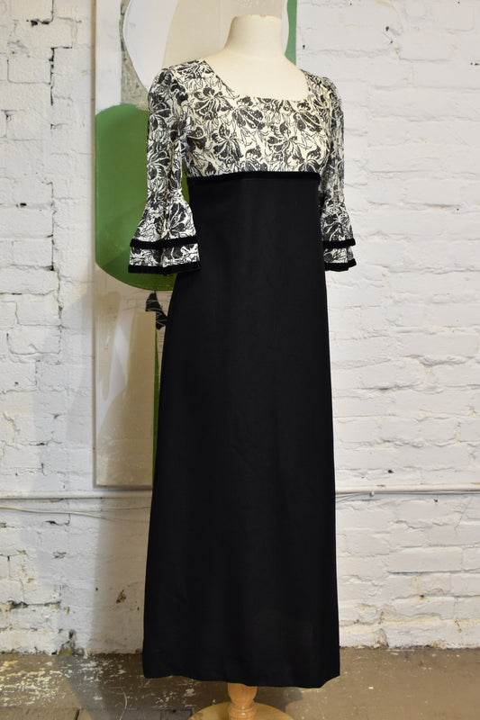 Vintage 1960s "Maggie May" Floral Black Maxi Dress