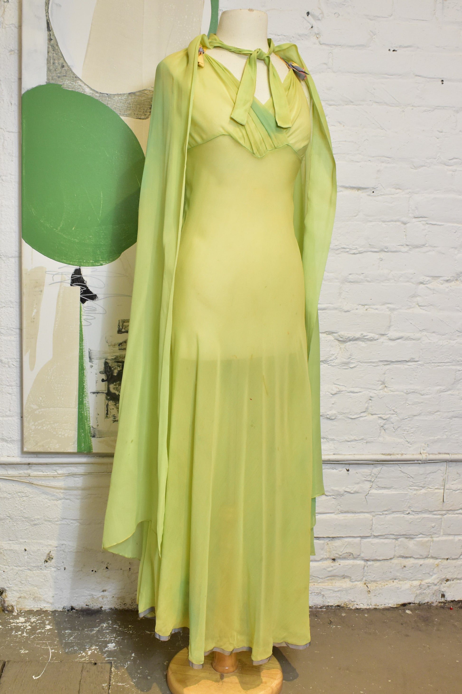 Vintage 1930s Sheer Silk Green Gown with Detachable Waist Skirt/ Cape The Only Vintage Vintage 1930s Sheer Silk Green Gown with Detachable Waist Skirt/ Cape The Only Vintage