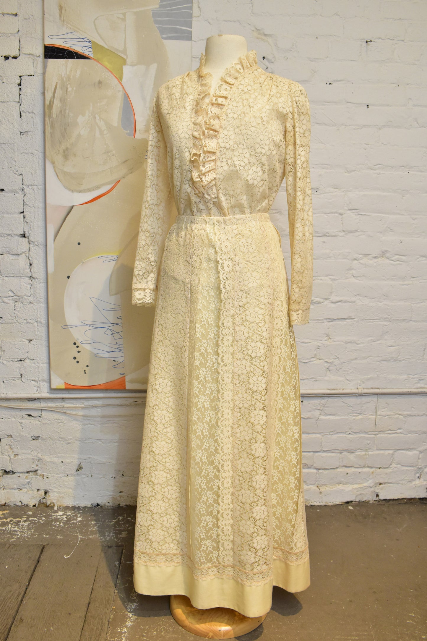 Vintage 1960's "Carefree Fashion" Two Piece Cream Lace Maxi Skirt Set