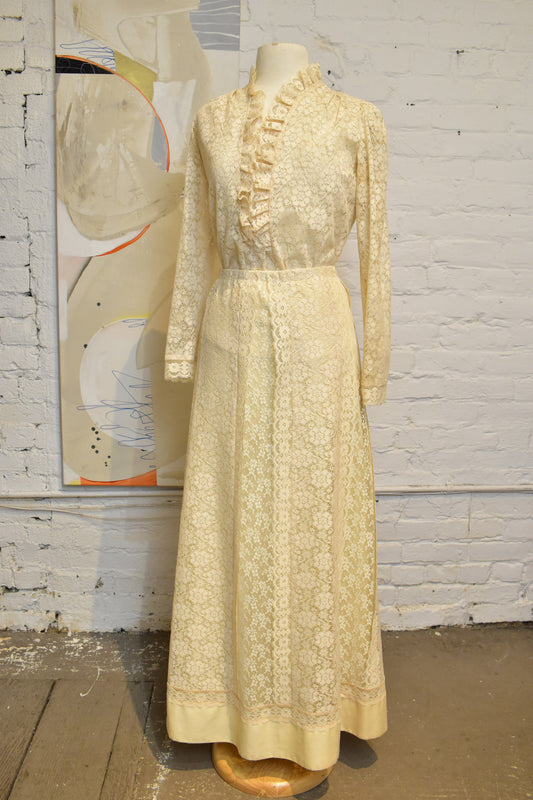 Vintage 1960's "Carefree Fashion" Two Piece Cream Lace Maxi Skirt Set
