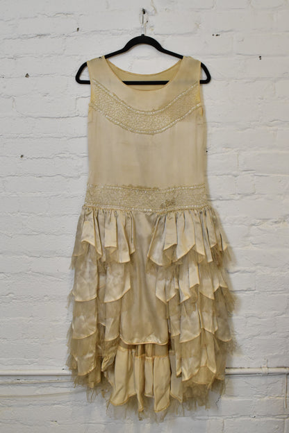 Antique 1920s Ivory Beaded Satin Silk Party Dress with Tiered Tulle Ruffle Skirt Hem