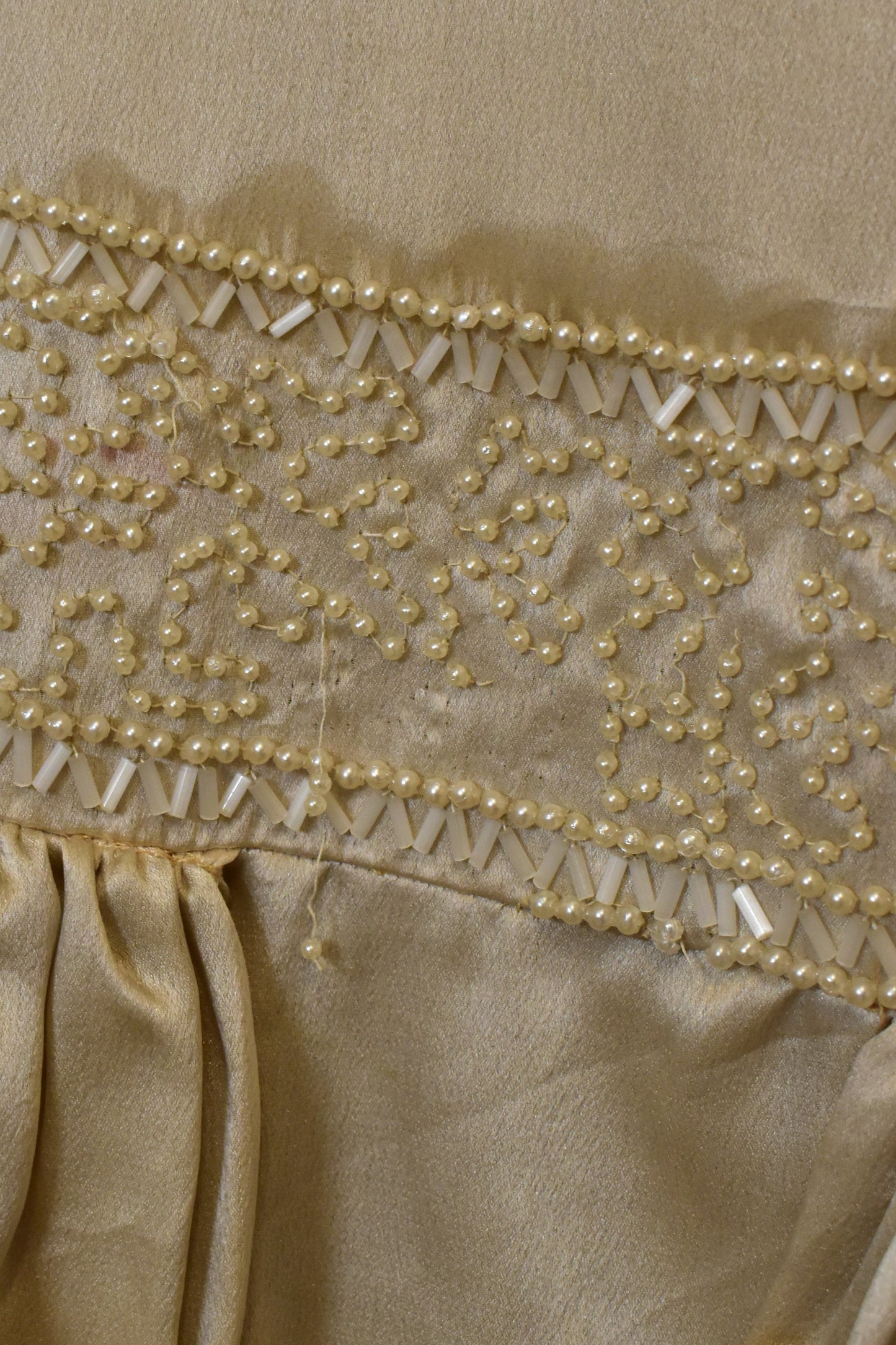 Antique 1920s Ivory Beaded Satin Silk Party Dress with Tiered Tulle Ruffle Skirt Hem