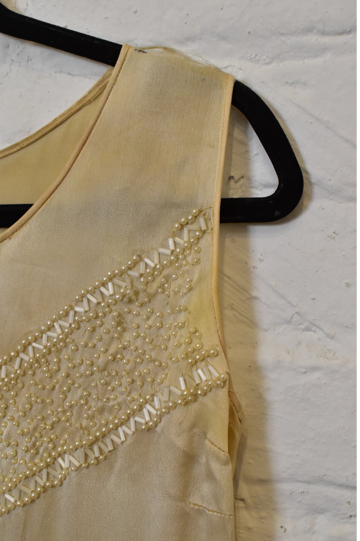 Antique 1920s Ivory Beaded Satin Silk Party Dress with Tiered Tulle Ruffle Skirt Hem