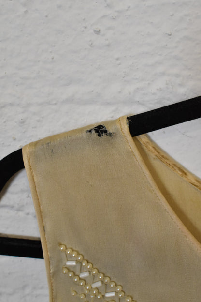 Antique 1920s Ivory Beaded Satin Silk Party Dress with Tiered Tulle Ruffle Skirt Hem