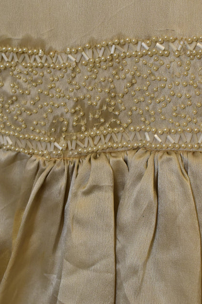 Antique 1920s Ivory Beaded Satin Silk Party Dress with Tiered Tulle Ruffle Skirt Hem