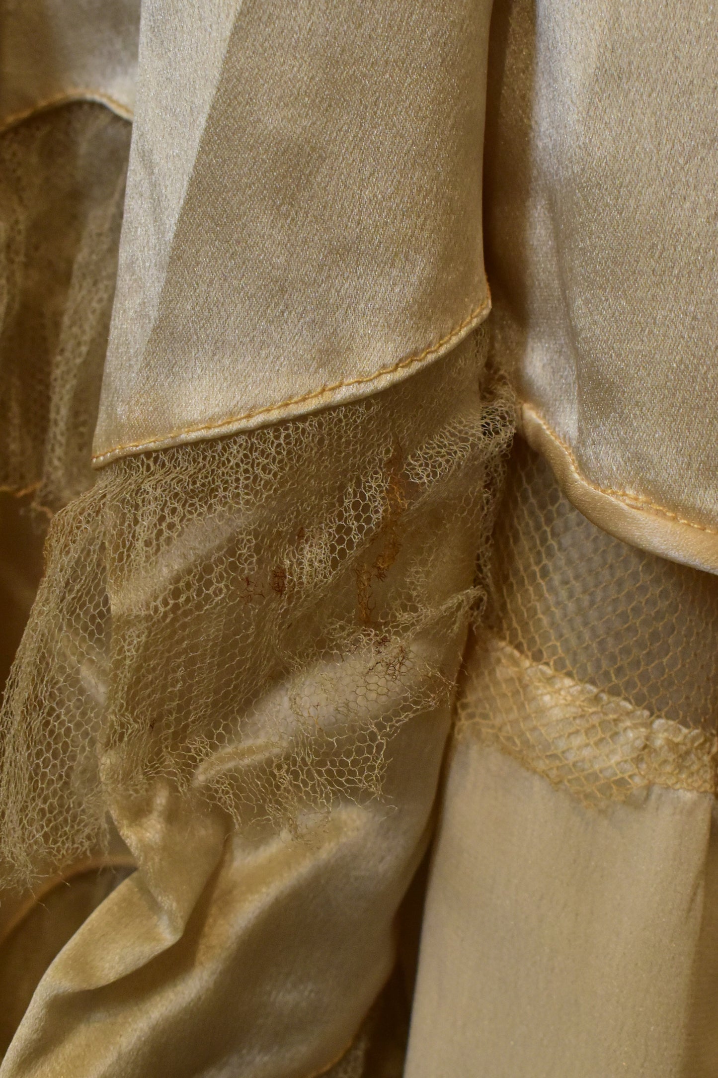 Antique 1920s Ivory Beaded Satin Silk Party Dress with Tiered Tulle Ruffle Skirt Hem