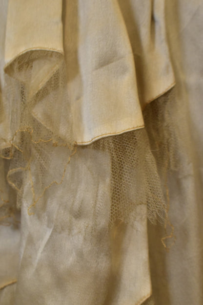 Antique 1920s Ivory Beaded Satin Silk Party Dress with Tiered Tulle Ruffle Skirt Hem
