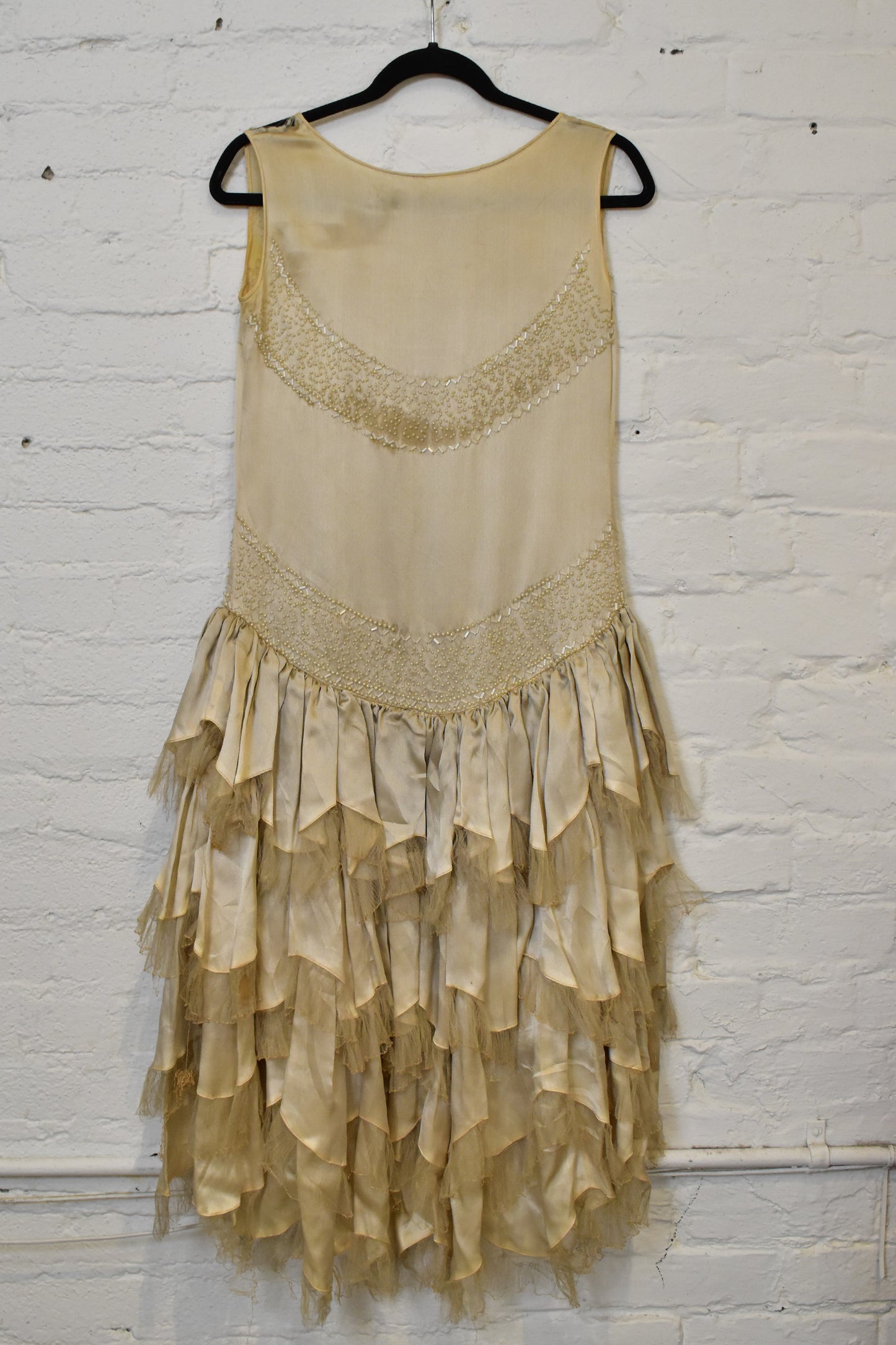Antique 1920s Ivory Beaded Satin Silk Party Dress with Tiered Tulle Ruffle Skirt Hem