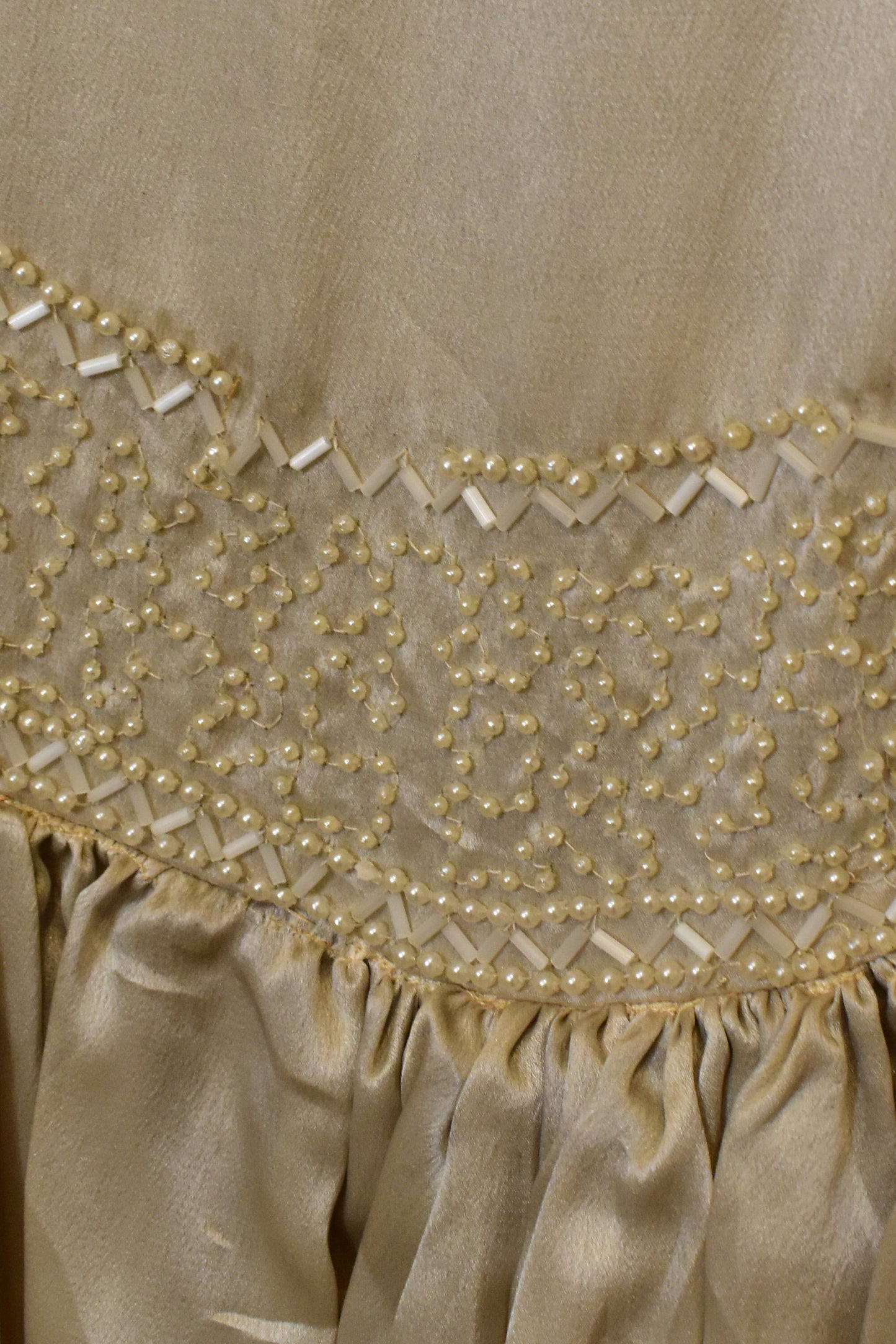 Antique 1920s Ivory Beaded Satin Silk Party Dress with Tiered Tulle Ruffle Skirt Hem