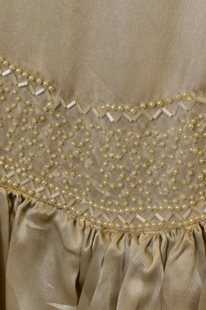 Antique 1920s Ivory Beaded Satin Silk Party Dress with Tiered Tulle Ruffle Skirt Hem