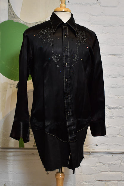 Vintage 1970s Black Satin Embroidered Shirt