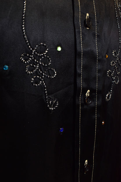 Vintage 1970s Black Satin Embroidered Shirt