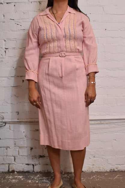 Vintage 1970s Pink Embroidered Dress