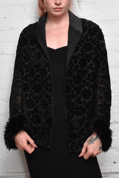 Vintage 1930s Black Velvet Brocade Style Fur Cuffs Blazer