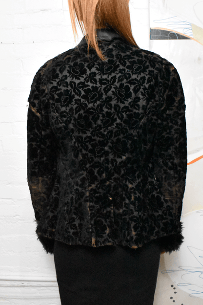 Vintage 1930s Black Velvet Brocade Style Fur Cuffs Blazer