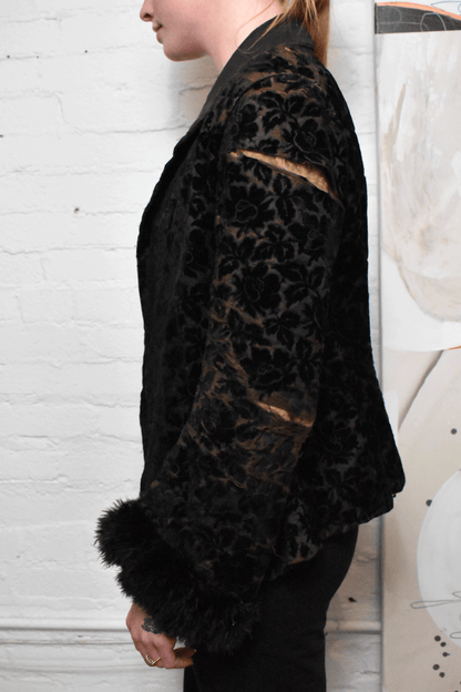 Vintage 1930s Black Velvet Brocade Style Fur Cuffs Blazer