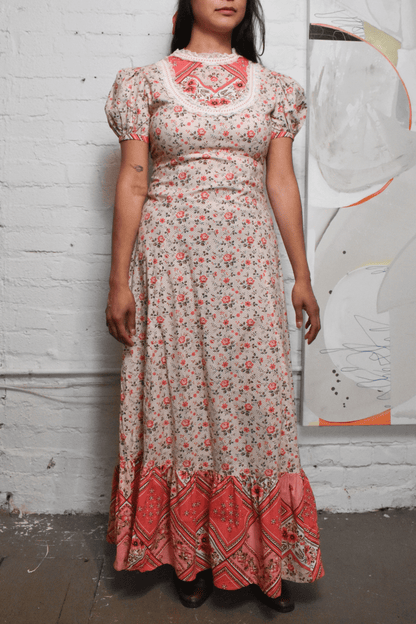 Vintage Floral Prairie Maxi Dress With Lace Bib