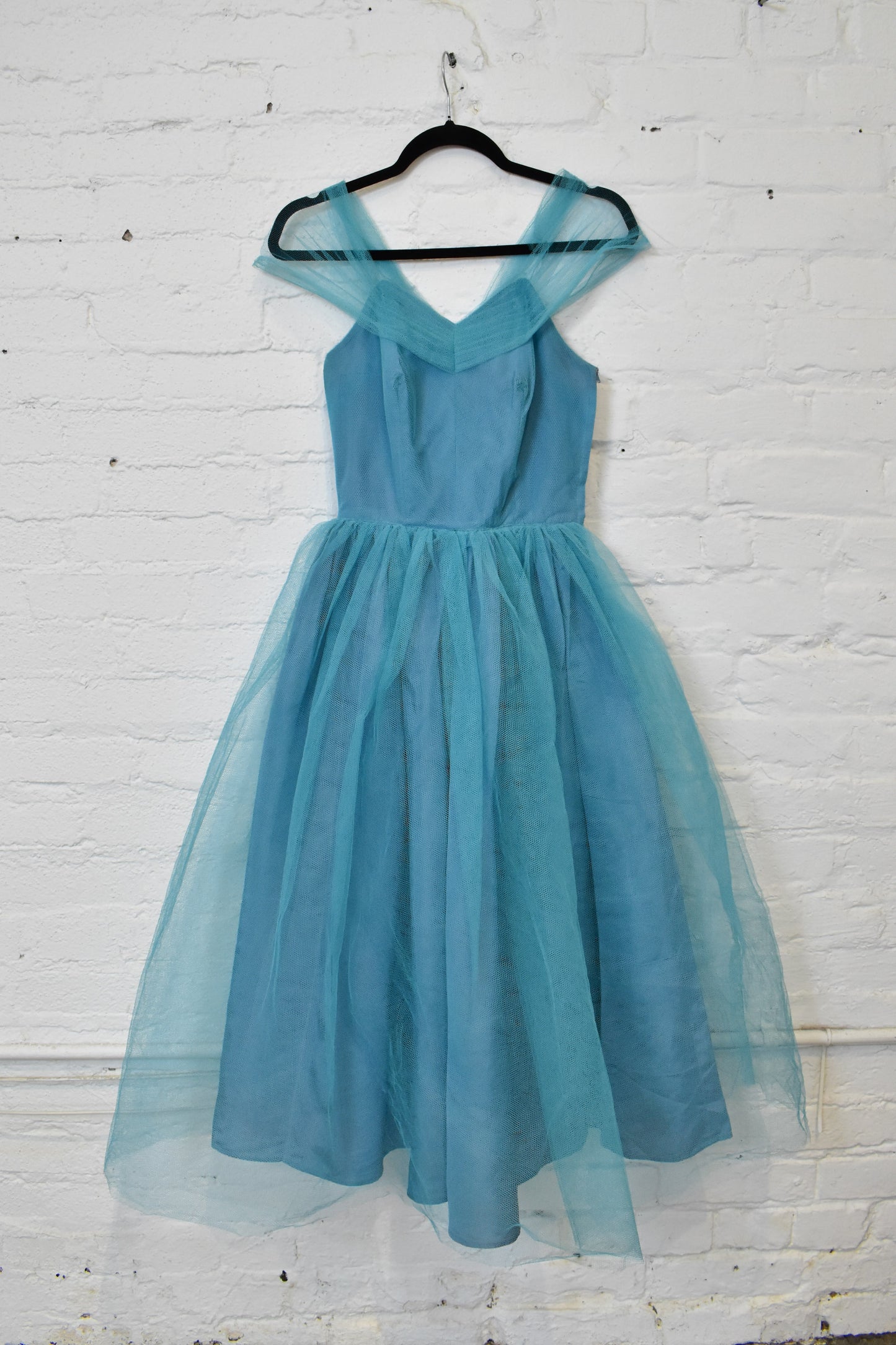 Vintage 1950s Teal Blue Tulle Prom Party Dress
