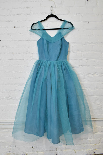 Vintage 1950s Teal Blue Tulle Prom Party Dress