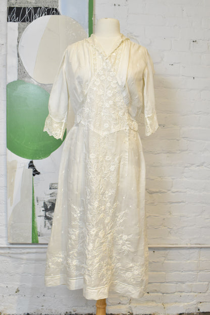 Antique 1910s Edwardian Embroidered Sheer Lace Tea Dress