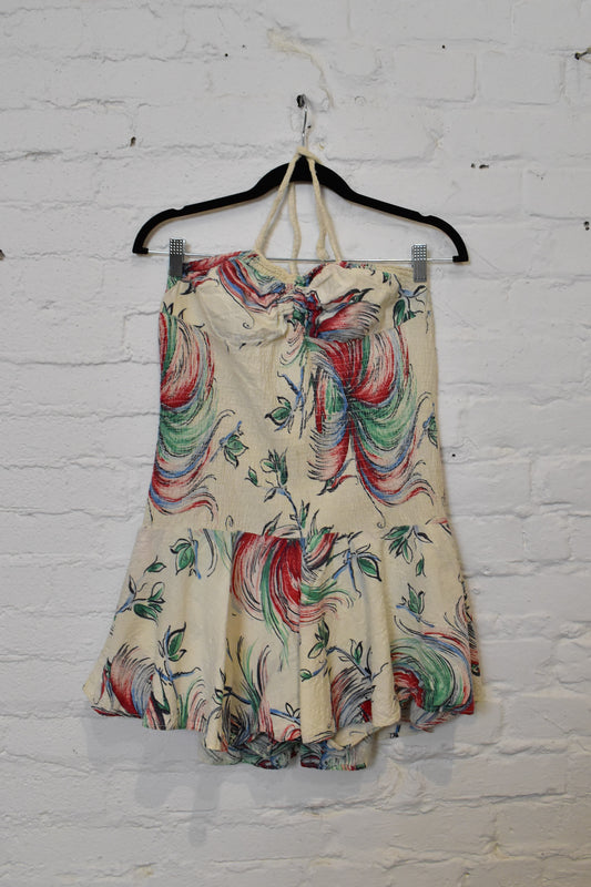 Vintage 1940s Cotton Abstract Floral Bird Halter Vacation Top