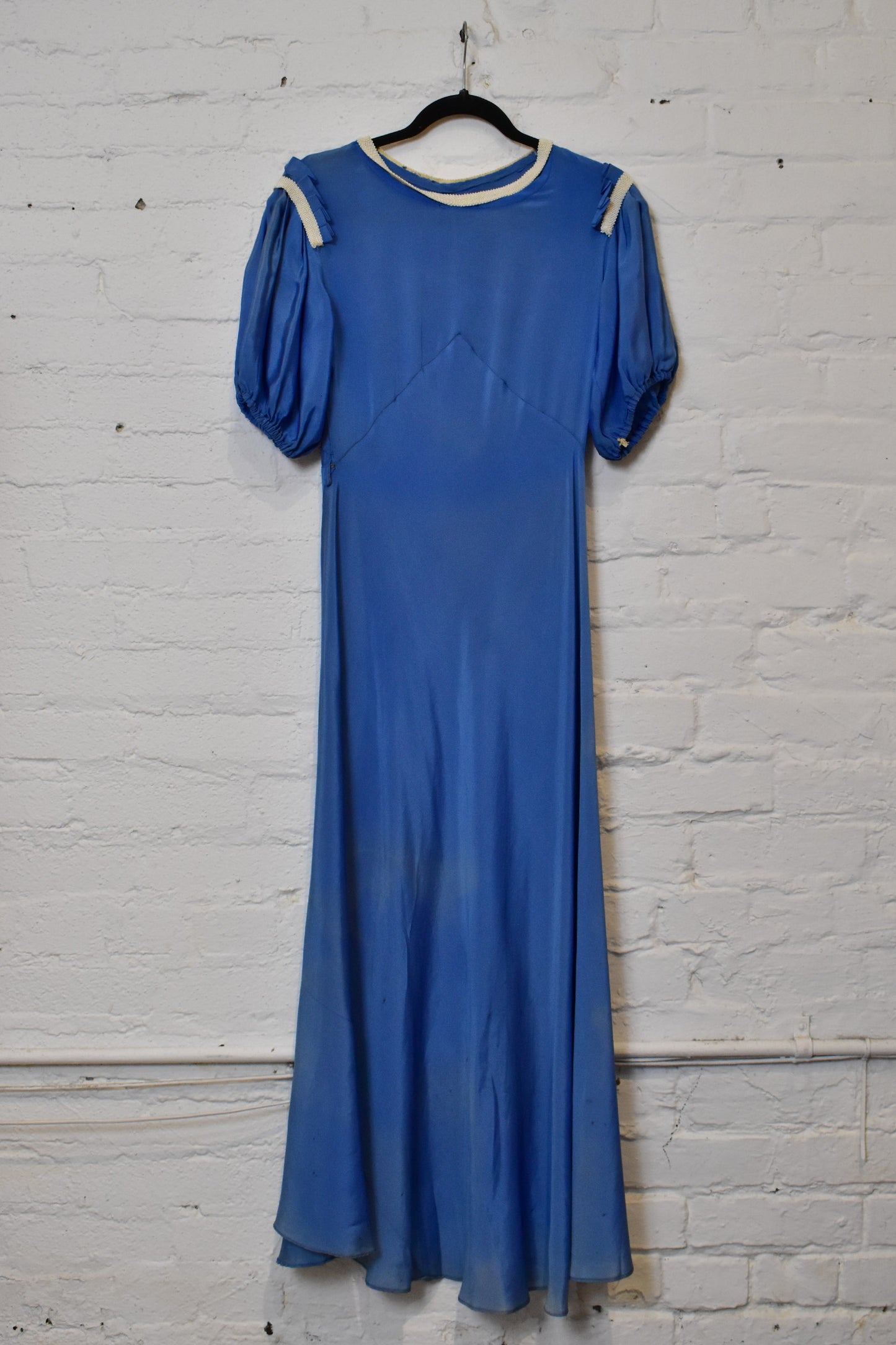 Vintage 1930s Blue Puff Sleeve Maxi Dress With Beaded Trim