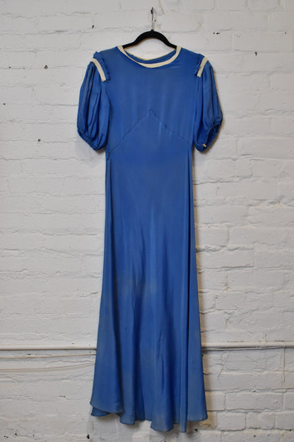 Vintage 1930s Blue Puff Sleeve Maxi Dress With Beaded Trim