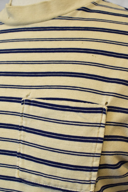 Vintage 60s 70s Cream And Navy Striped Pocket T-Shirt
