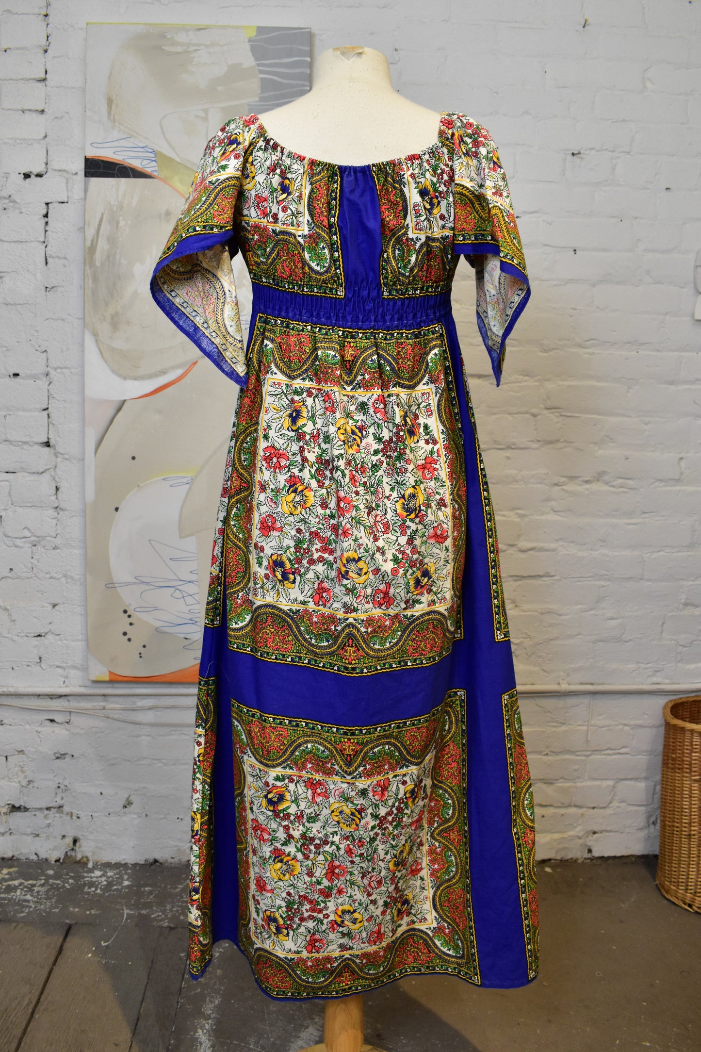 Vintage 1970s "Gallie Jrs" Paisley Kerchief Sleeve Peasant Maxi Dress