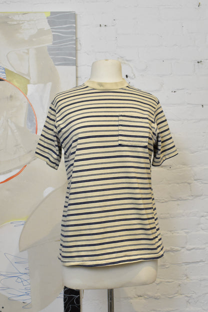 Vintage 60s 70s Cream And Navy Striped Pocket T-Shirt